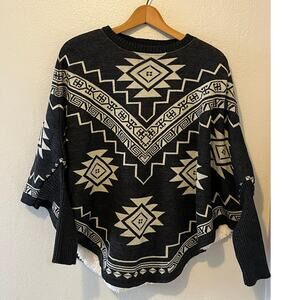 Women's Warm and Cozy Winter Black White Aztec Sweater Poncho w Sleeves Size L